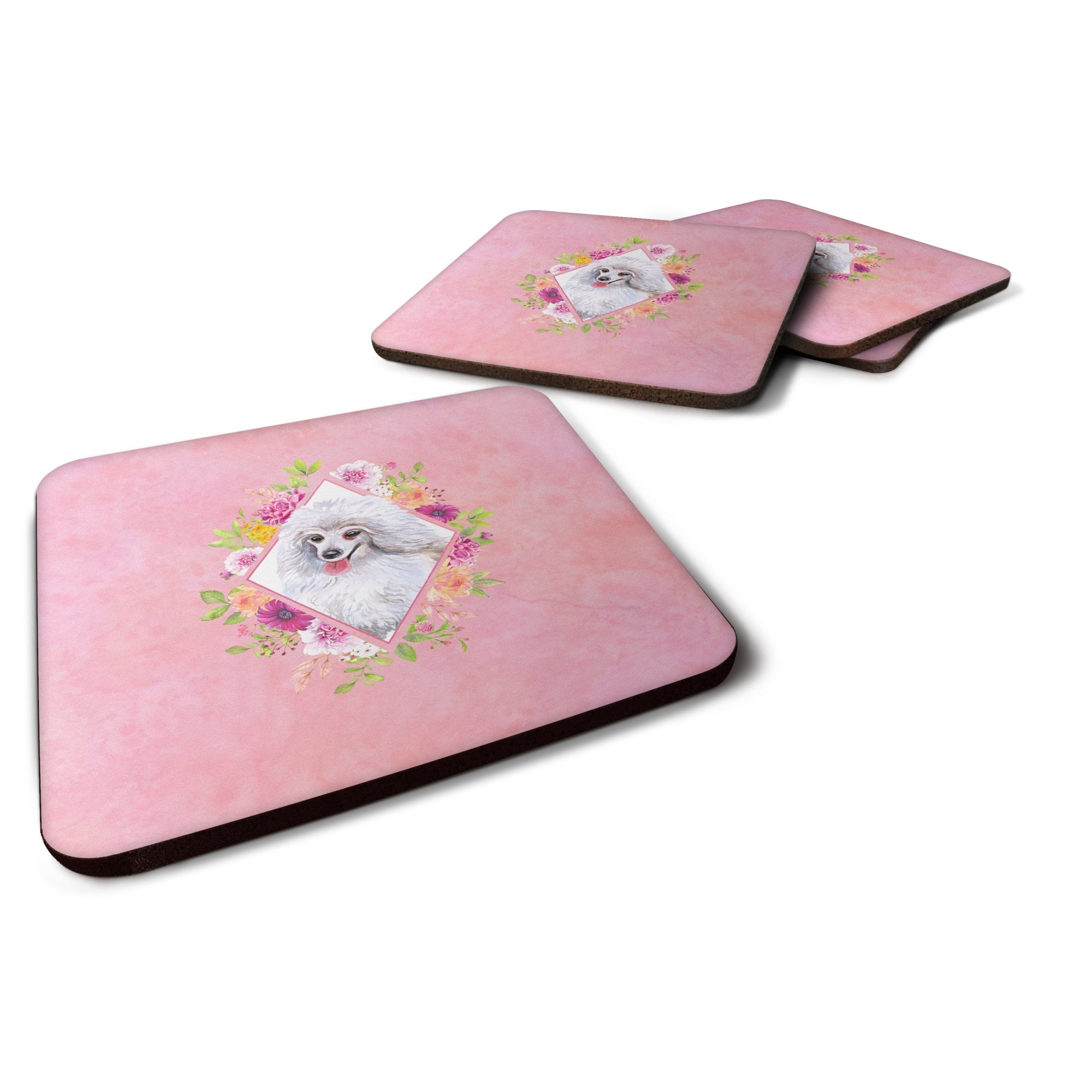 White Mini Poodle Pink Flowers Foam Coaster Set Of 4